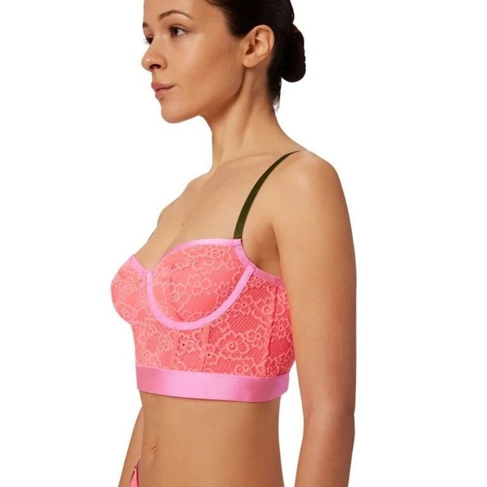 Parade Neon Pink Floral Lace Longline‎ Underwire Bralette Olive Straps  L